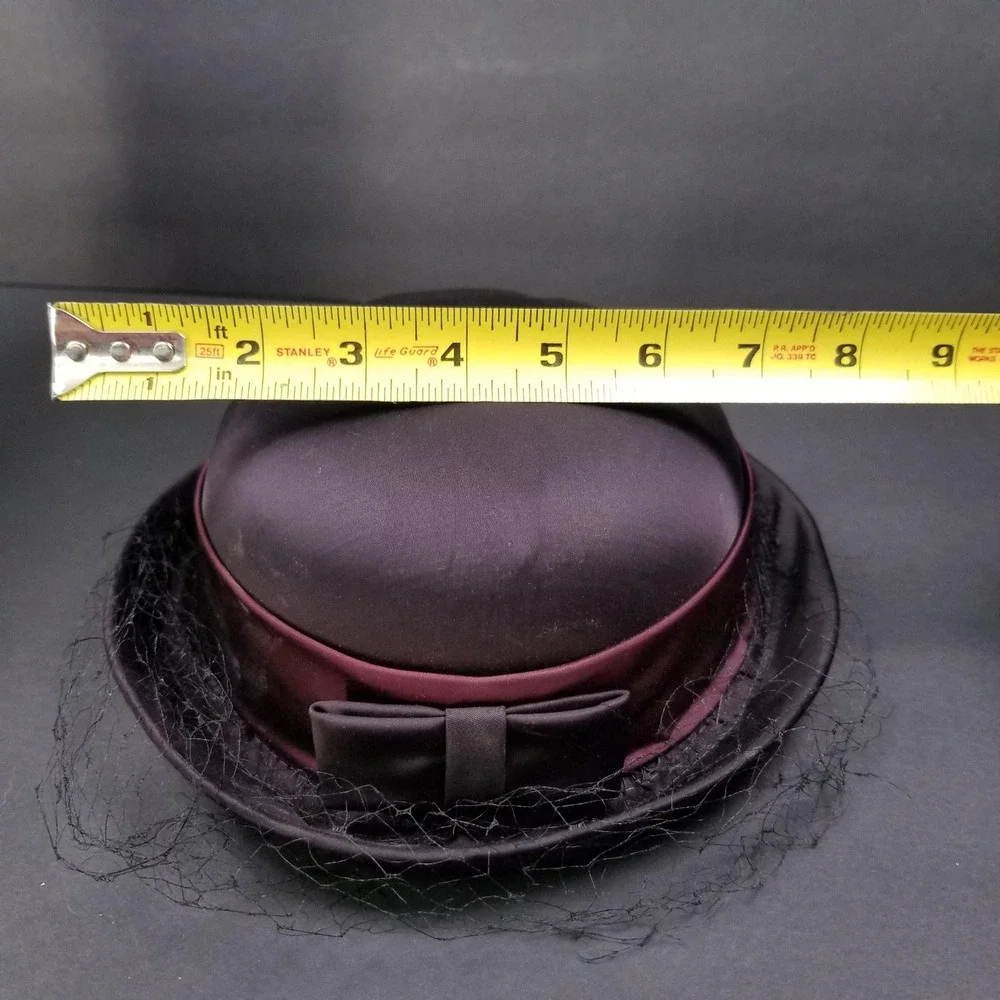 Vintage Karen‎ Lynn Exclusive Satin Pillbox Hat Purple Black Birdcage Veil Bow